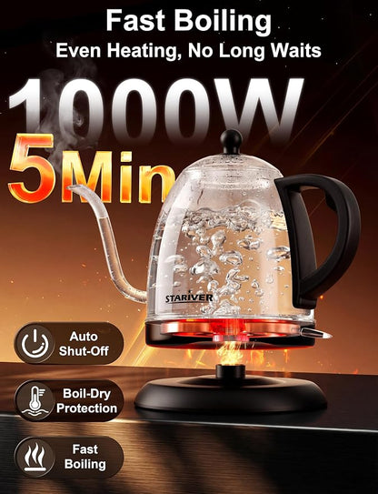 Stariver Electric Kettle Gooseneck Kettle, 1L Water Boiler, BPA-Free, Pour Over Tea Pot Stainless Steel for Coffee & Tea with Fast Heating, Auto-Shut Off and Boil-Dry Protection Tech