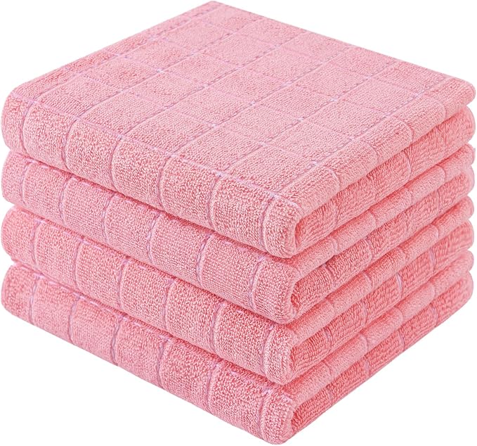 Mordimy 100% Cotton Terry Cloth Kitchen Towels, Super Soft and Absorbent Dish Towels for Drying, Checkered Designed Hand Towels for Kitchen, 13 x 28 Inches, 4 Pack, Pink