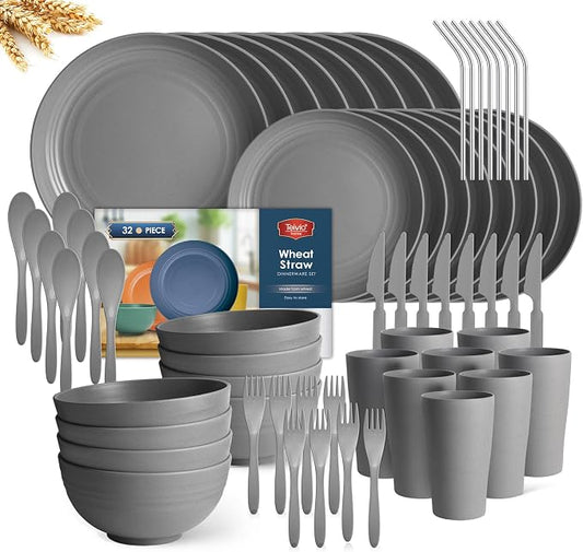 Teivio 32-Piece With Flatware Kitchen Plastic Wheat Straw Dinnerware Sets, Service for 8, Dinner Plates, Dessert Plate, Cereal Bowls, Cups, Unbreakable Plastic Outdoor Camping Dishes, Grey