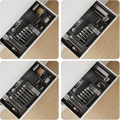 Bamboo Silverware Drawer Organizer, 17.72-29.53 Inch Expandable Large Kitchen Drawer Organizer, 5-8 Slot Flatware with Removable Card Slots & Knife Block for Spoon Butter Knive, Black