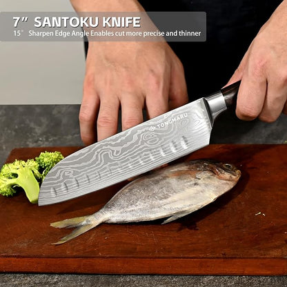 Professional Kitchen Chef Knife sets, Razor Sharp Premium High Carbon German Steel 3 pcs Knife Set, Ergonomic Forged Pakkawood Handle, Chef, Santoku & Utility Knife, With Premium Gift Box, for Family