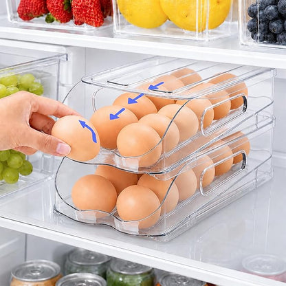 SMRCAD Egg Holder for Fridge, Automatic Steady Rolling Egg Container with Soft Bumpers & Handle for Refrigerator, Stackable Fridge Organizers and Storage with Lid