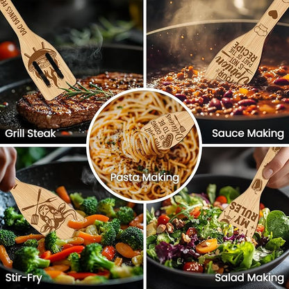 CUTHOLLOW 6PCS Barbecue Wooden Kitchen Cooking Utensil Set, 11.9in Non Toxic Bamboo Wood Spoon Set for Cooking, Best Housewarming Birthday Thanksgiving Christmas Gift for Women Mother