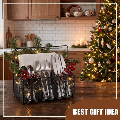 Utensil Caddy for Party, Utensil Organizer Silverware Caddy, 4 Compartment Metal Cutlery Organizer, Fork Spoon Napkin Plate Basket for Kitchen Countertop Buffet Outdoor BBQ Camping Picnic