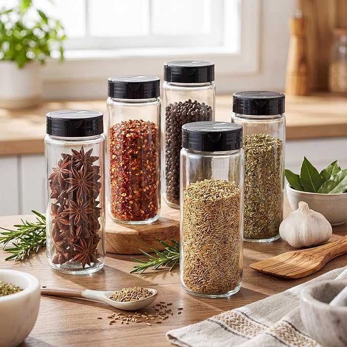 12 Pack 16 oz Glass Spice Jars with Shaker Tops Lids Large Spice Bottle with Lids for Kitchen, Herbs, Sugar, Pantry Herb Salt Pepper Storage (Round)