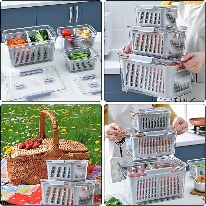 Fistone Fresh Produce Fruit Vegetable Storage Containers 3Piece Set, BPA-Free Fridge Storage Container with Lid & Colander, Fridge Organizers, Keep Fresh for Produce,Fruit and Vegetable