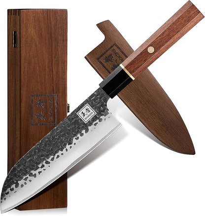 ENOKING Japanese Santoku Knife, 7 Inch Chef Knife 5 Layer 9CR18MOV Clad Steel for Meat Cutting, Super Sharp Kitchen Cooking Knife with Ebony Bolster African Rosewood Handle -Wooden Box