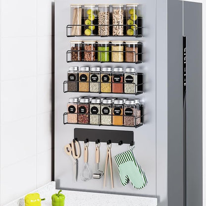 Mystozer 5 Pack Moveable Magnetic Spice Rack Organizer With 6 Hooks for Refrigerator, Metal Fridge Shelf Magnetic Basket for Fridge Kitchen Spice Organizer (Black)