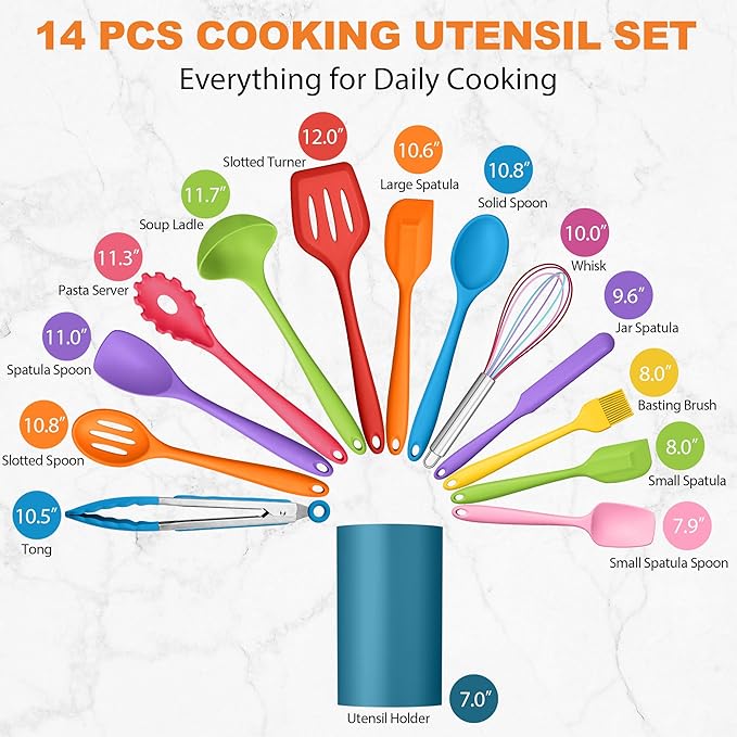 LIANYU 14 Pcs Cooking Utensils Set with Holder, Silicone Kitchen Cookware Utensils Set, Heat Resistant Cooking Gadget Tools Includes Spatula Spoon Turner Whisk Tong, Dishwasher Safe, Colorful