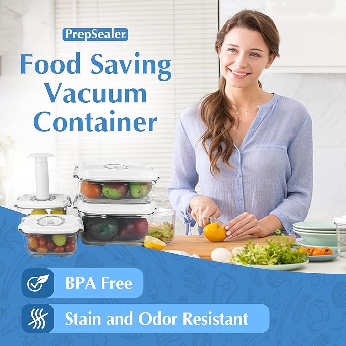 PrepSealer Food Storage Vacuum Container 4-piece Container with Maunal Pump, BPA free, Tritan, Keep food and ingredients fresh up to four times longer than conventioal storeage.