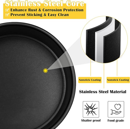 E-far 3-Piece Cake Pan(4/6/8 Inch), Nonstick Stainless Steel Round Baking Cake Pans, Metal Cake Mold Tins for Birthday/Wedding, Stainless Steel Core & Non-toxic Coating, Straight Side & 2 Inch Deep