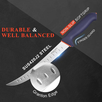 10-inch Curved Breaking Knife W SoftGrip Handle, Sharp Premium Butcher Knife Made of High Carbon Stainless Steel For Meat Cutting (Navy Blue)