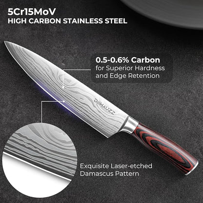 DiiHAUZZ 8 Inch Chef Knife, High Carbon Stainless Steel - Ultra Sharp Kitchen Gyutou Knife for Slicing Meat, Dicing Vegetables and Daily Meal Prep, Ergonomic Handle with Sheath, Fathers Day Gift