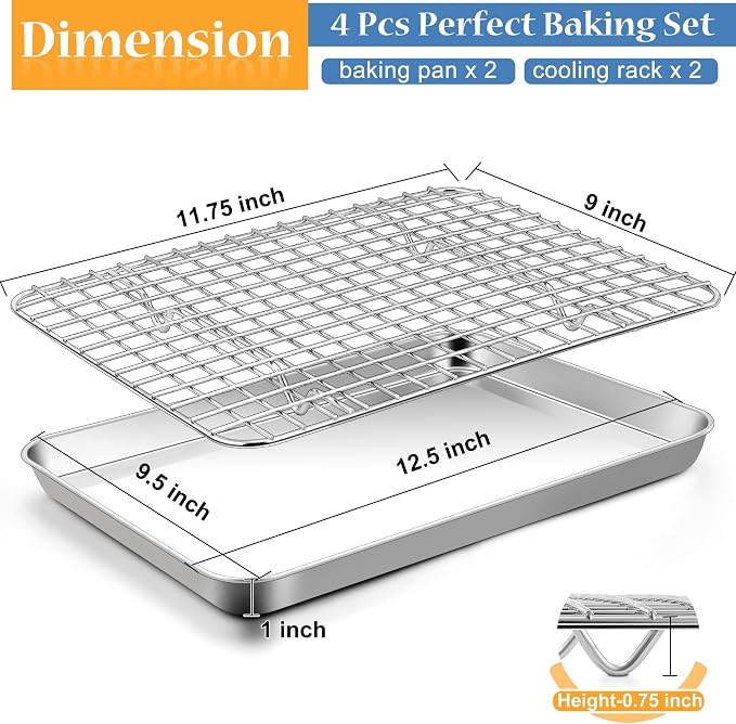 TeamFar Baking Pan with Rack Set (2 Pans + 2 Racks), Stainless Steel Cookies Sheet Baking Tray Pan with Grid Cooling Rack for Toaster Oven, Healthy & Heavy-Duty, Dishwasher Safe, 12.5 x 9.5 x 1 Inch