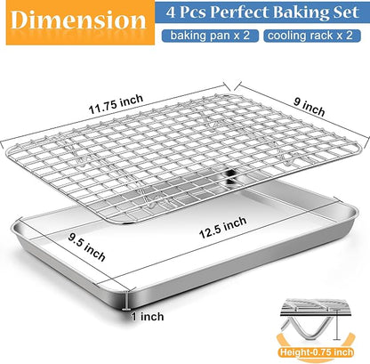 TeamFar Baking Pan with Rack Set (2 Pans + 2 Racks), Stainless Steel Cookies Sheet Baking Tray Pan with Grid Cooling Rack for Toaster Oven, Healthy & Heavy-Duty, Dishwasher Safe, 12.5 x 9.5 x 1 Inch