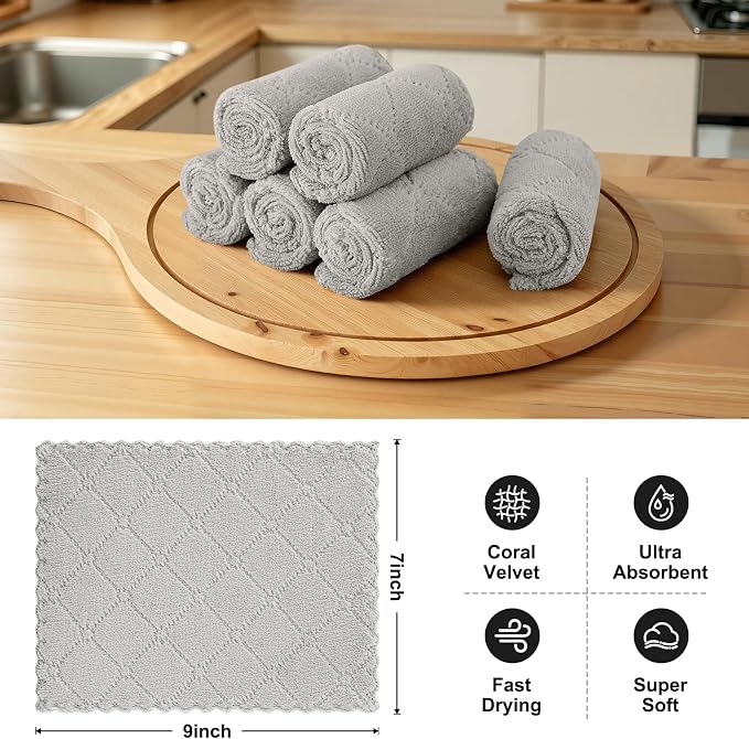 Homaxy 18 Pack Kitchen Cloths Dish Towels (7" x 9", Grey), Super Soft and Absorbent Coral Velvet Dishcloths, Fast Drying No Lint Microfiber Cleaning Cloth