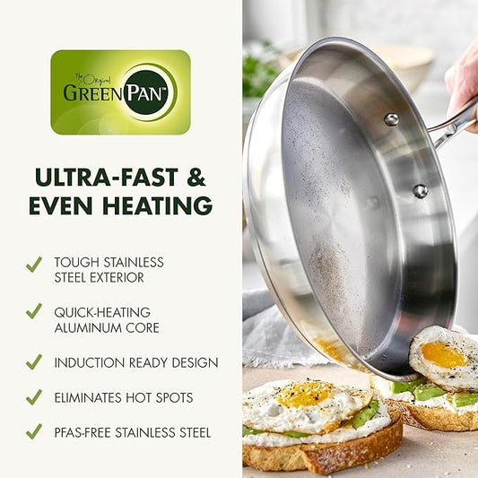 GreenPan Stainless Steel Cookware Set, 11 Piece, Induction Cookware, Dishwasher Safe, Oven Safe to 600F, Large 8QT Stock Pot, Sauce, Saute, Frying Pans, Pots & Pans Kitchen Essentials, Silver