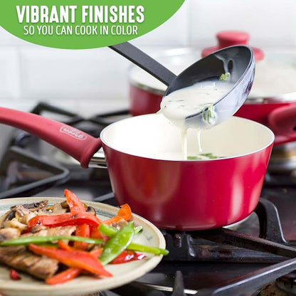 GreenLife Soft Grip 1QT and 2QT Saucepan Set, Healthy Ceramic Nonstick, Non Toxic PFAS & PFOA-Free, Dishwasher Safe, Glass Lids, Stay-Cool Handles, Easy Clean Cookware, Kitchen Essentials, Red