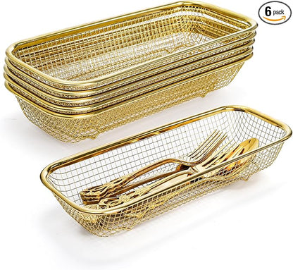 6 Pack Gold Silverware Kitchen Drawer Organizer, Stainless Steel Silverware Tray for Drawer, Utensil Holder for Party, Cutlery and Flatware Basket for Knife, Fork, Spoon, 12 × 5 × 2IN