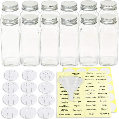 Simple Houseware Spice Jars 6 Ounce Square Glass Bottles with Shaker Lids, Funnel and Labels for Seasoning & Storage, 24 Pack