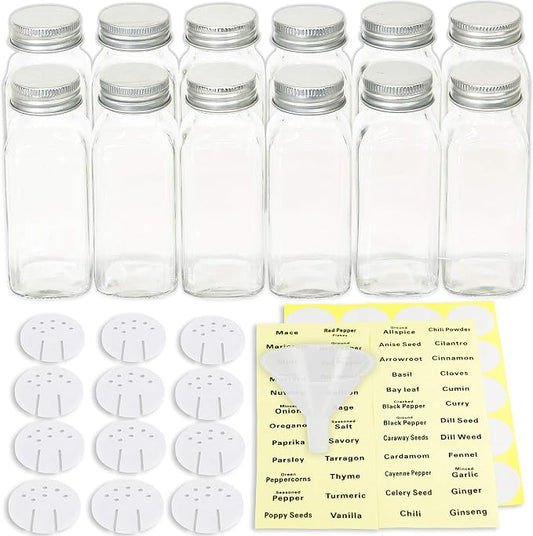 Simple Houseware Spice Jars 6 Ounce Square Glass Bottles with Shaker Lids, Funnel and Labels for Seasoning & Storage, 24 Pack