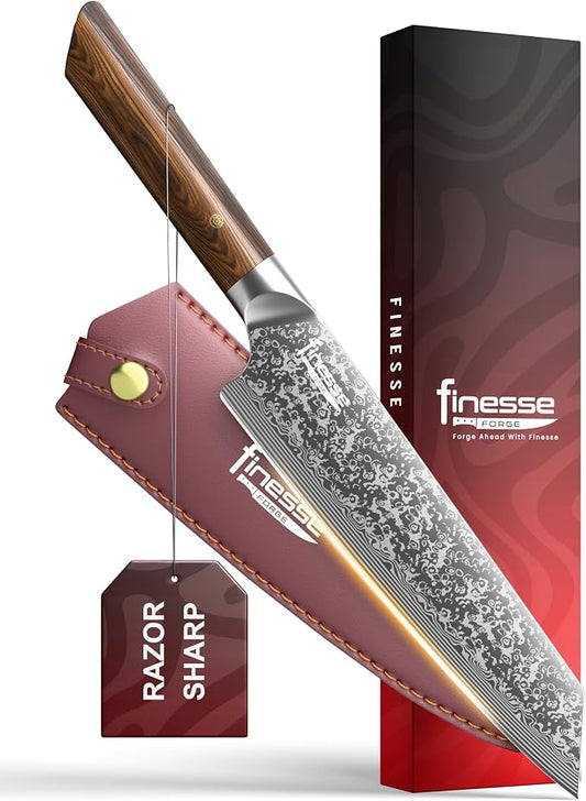 8" Professional Chef Knife - 67-Layer Damascus Steel with Pakka Wood Handle - Premium Kitchen Knife for Home & Professional Cooking with Leather Sheath & Gift Box