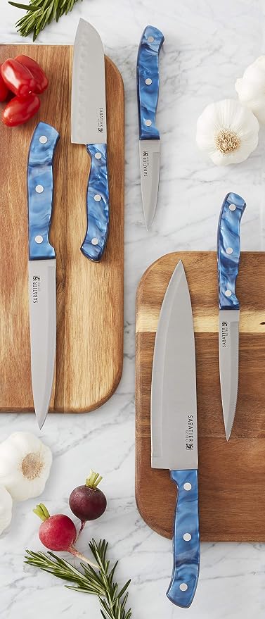 Sabatier 6- Piece Triple Rivet Stainless Steel Kitchen Knife Set, Razor-Sharp Kitchen Knife to Cut Fruit, Vegetables and more, High-Carbon Stainless Steel, Blue Acrylic Handles
