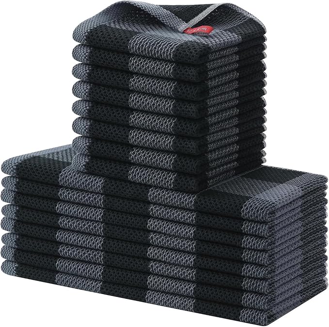 Homaxy Kitchen Towels and Dishcloths Set, 12 x 12 and 13 x 28 Inches, Set of 16 100% Cotton Waffle Weave Check Plaid Kitchen Dish Towels, Super Soft and Absorbent Dish Cloths, Black & Grey