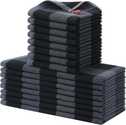 Homaxy Kitchen Towels and Dishcloths Set, 12 x 12 and 13 x 28 Inches, Set of 16 100% Cotton Waffle Weave Check Plaid Kitchen Dish Towels, Super Soft and Absorbent Dish Cloths, Black & Grey