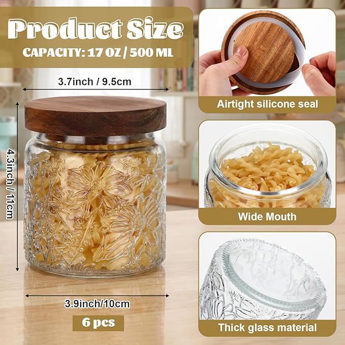 Suclain 6 Pcs 17 OZ Vintage Glass Jar with Acacia Wood Lids Airtight Glass Storage Canisters Kitchen Spice Jars Food Storage Containers for Pantry Coffee Grains Tea Sugar Flour(Morning Glory)
