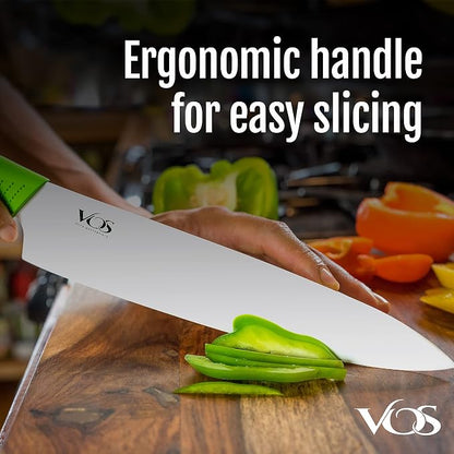 Vos Ceramic Chef Knife 8 Inch with Protective Cover – Zirconia Ceramic Blade for Food Preparation – Lightweight Kitchen Knife (Green)