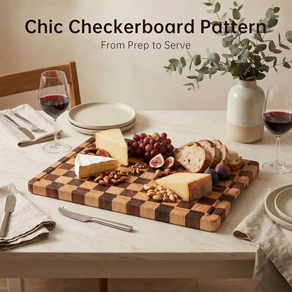 THETCHRY Cutting Boards for Kitchen, Checkered Cutting Board Upgraded, Acacia Wood Chopping Board with Juice Grooves & Handles, Large Butcher Block Serving Tray with Gift Box, 17"X12"X0.8"