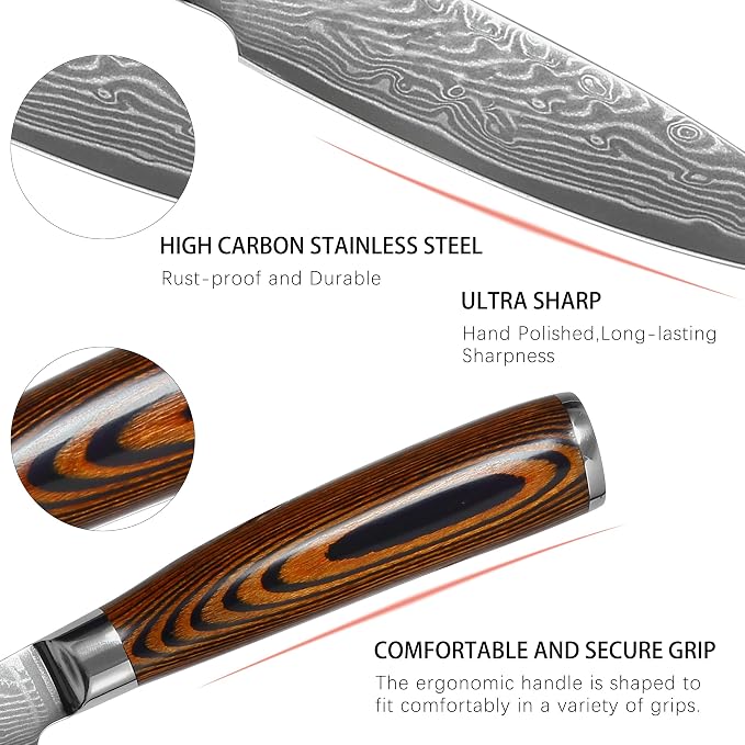Damascus Paring Knife 3.5" - Professional 67-Layer VG10 Steel, Ultra Sharp 12° Edge Kitchen Utility Knife with Pakkawood Handle & Gift Box for Peeling, Slicing, Garnishing, Fruit Vegetable Prep