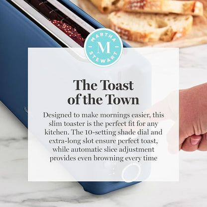 Martha Stewart 2 Slice Long Slot Toaster, Extra Wide for Sourdough & Bagels, 10 Setting Shade Control, Removable Crumb Tray, Self-Centering Design, Defrost/Reheat, Cancel, Slim Space-Saving, Indigo