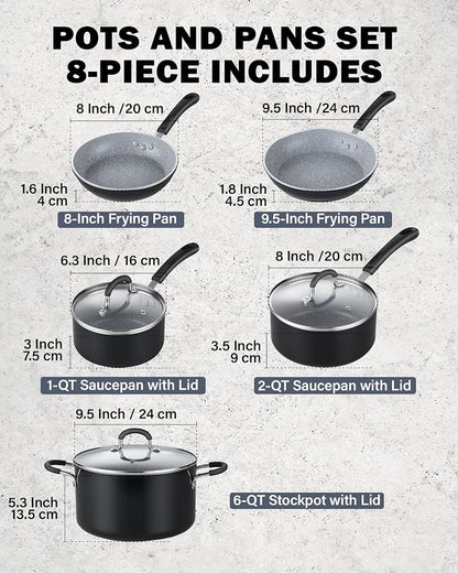 Cook N Home Professional Induction Compatible Marble Nonstick Cookware Set, Pots and Pans Set Includes Saucepans with Lid, Stockpot with Lid, Frying Pans, Heavy Nonstick, 8-Piece, Black/marble