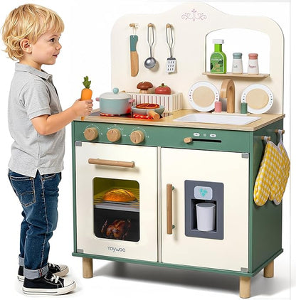 Kids Play Kitchen Toddler Kitchen Playset with Play Food Set Pretend Cooking Set with Sink, Stove, Microwave Wooden Toys Kitchen Gift for Girls and Boys