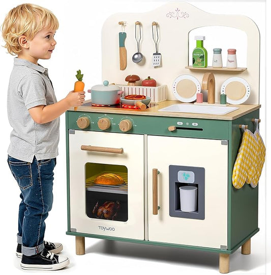 Kids Play Kitchen Toddler Kitchen Playset with Play Food Set Pretend Cooking Set with Sink, Stove, Microwave Wooden Toys Kitchen Gift for Girls and Boys