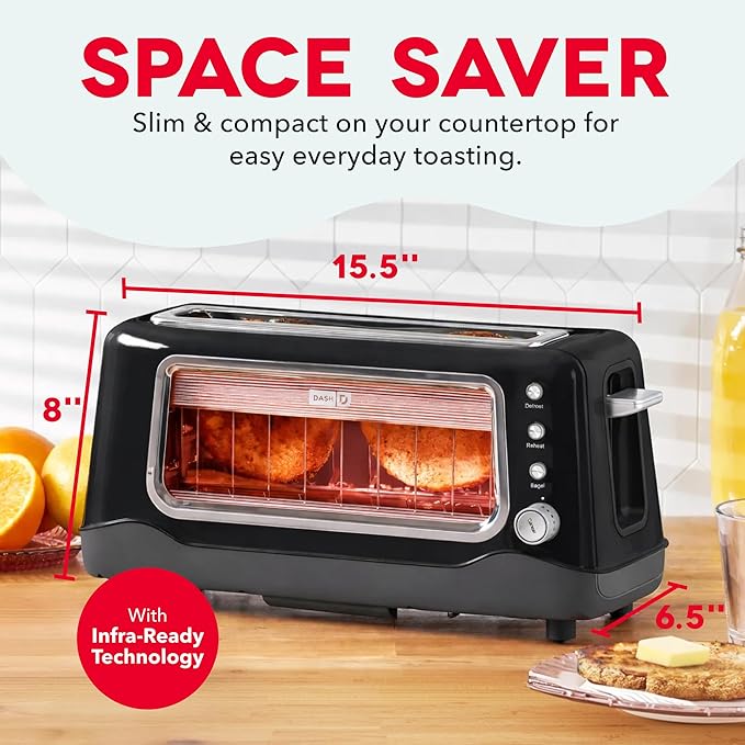 Dash Clear View Toaster, 10.5" Long Slot 2 Slice Toaster with See-Through Glass Window, 7 Browning Levels, Bagel, Defrost & Reheat Functions, Removable Glass Panel, Crumb Tray - Black