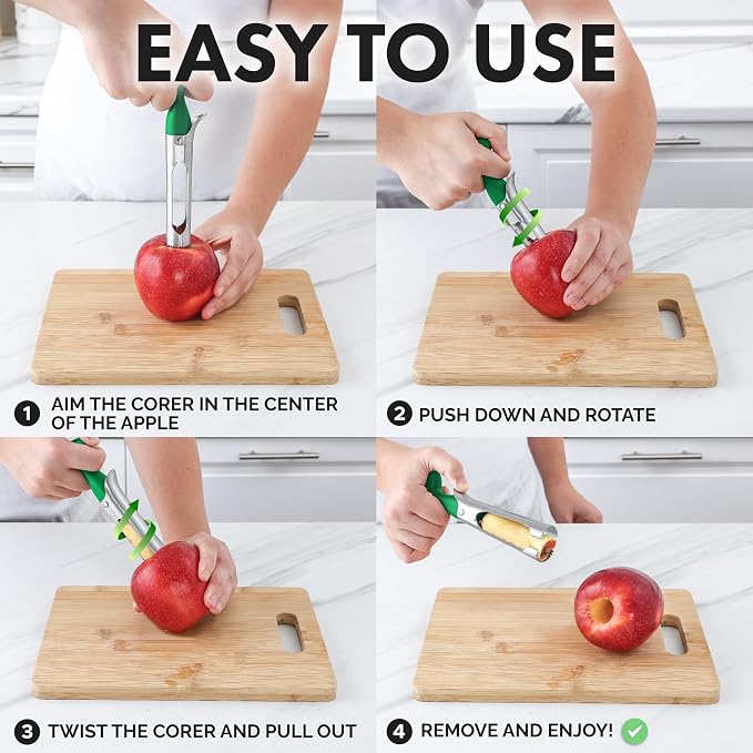 Zulay Kitchen Ultra Sharp Apple Corer Tool - Stainless Steel, Sharp & Serrated Blade Cores in Seconds - Easy to Use & Clean, Durable Apple Core Remover for Apples & Small Fruits - Green