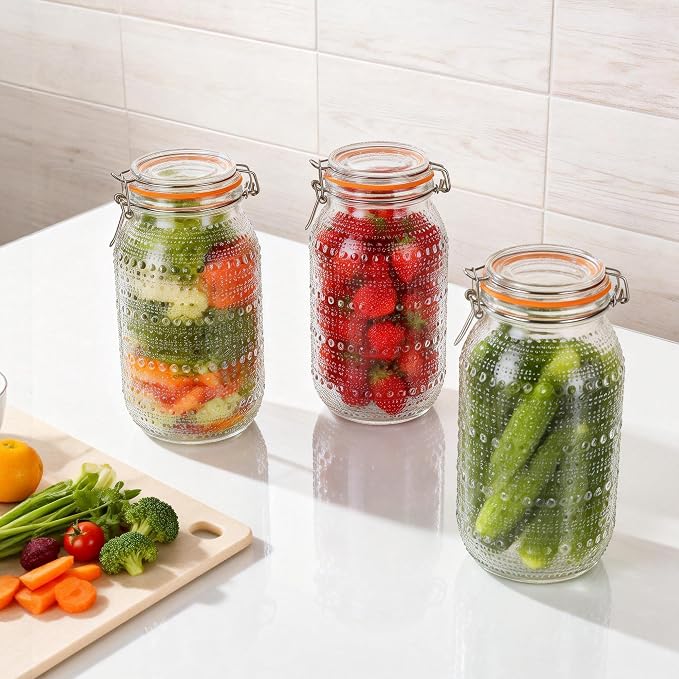 WACOI 64 Oz Glass Mason Jars with Airtight Lids3 Pack, Half Gallon Wide Mouth Canning Jars with Clip Top Lids for Kitchen Storage Pickling Salad Jams Coffee Beans
