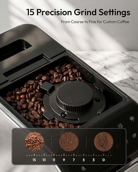EUHOMY Fully Automatic Espresso Machine, 20 Bar Coffee Maker with Grinder and Integrated Milk Frother, Automatic Espresso Machine with Touch Screen, 15-Grind Settings Coffee Machine for Home, Silver