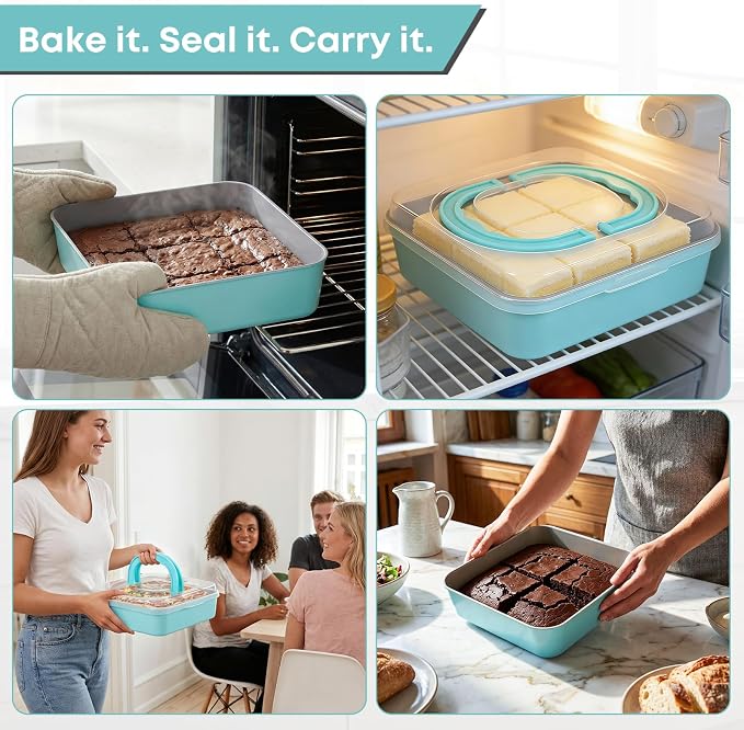 9 Inch Square Cake Pan with Snap-Lock Lid, Nonstick Carbon Steel Brownie Pan with Foldable Handle, PTFE & PFOA Free, for Brownies Bars Casseroles
