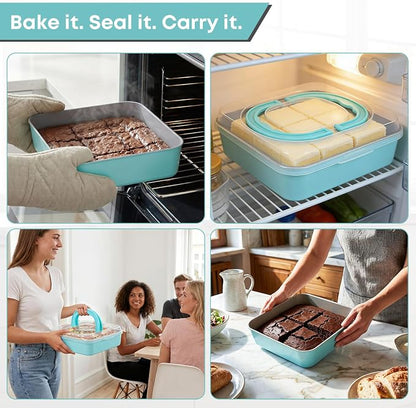 9 Inch Square Cake Pan with Snap-Lock Lid, Nonstick Carbon Steel Brownie Pan with Foldable Handle, PTFE & PFOA Free, for Brownies Bars Casseroles