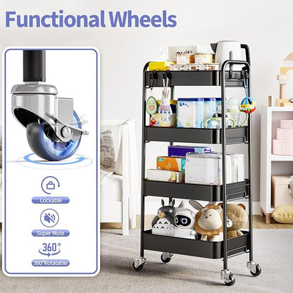 TOOLF 4-Tier Rolling Cart - Metal Storage Organizer with Lockable Wheels, 44 lbs Per Shelf Capacity, Tool-Free Assembly, for Kitchen Bathroom Office Laundry Room Nursery, Black