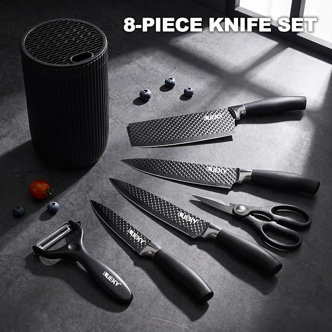 Knife Set, 8 Pieces Kitchen knife Set with Healthy Anti-Rust Coating, Stainless Steel Professional Chef Knife Set with Block, Sharp Kitchen Knives Set with Block for Home Cooking, Dishwasher Safe