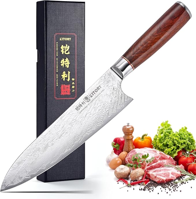 Kitory Chef Knife 8“, 73-Layer 10Cr15CoMoV Core, Acid-Washed Finish, Burmese Rosewood Handle, Professional Kitchen Knife for Home & Restaurant, Gift Package