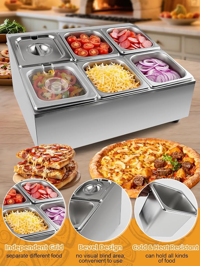 Pizza Topping Station Pizza Storage Container Topping containers with Lids Spoon Condiment Organizers Buffet Containers Set for Restaurant Pizza Sauce Jam Fruit Ingredient (6 Pans)