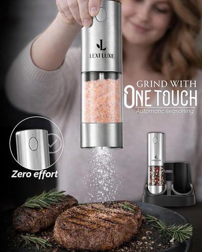 Electric Salt and Pepper Grinder Set, Rechargeable USB-C Automatic Grinder with Charging Base, LED Light, Adjustable Coarseness – Stainless Steel Pepper Mill Set (SILVER)