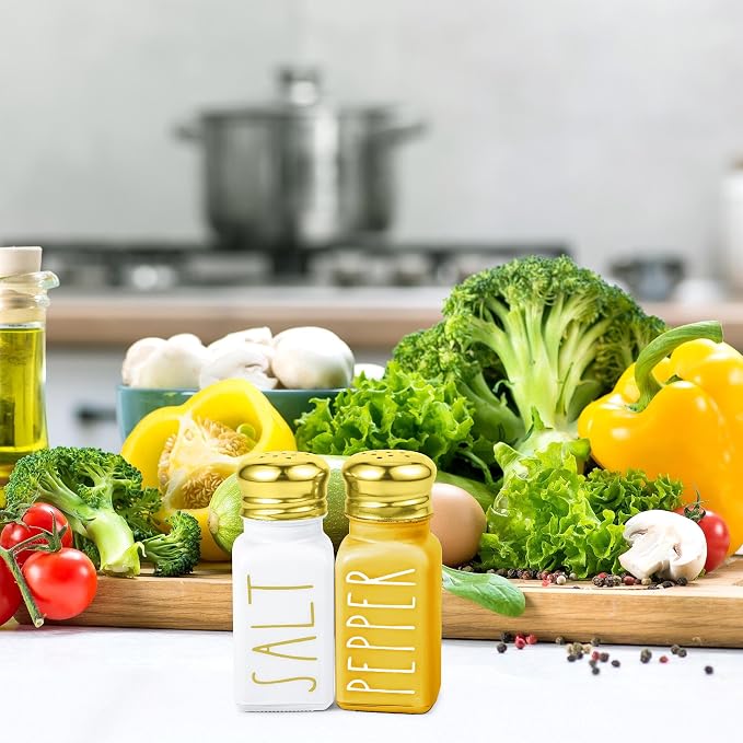 Farmhouse Gold Salt and Pepper Shakers Set by Brighter Barns - Glass Shakers & Stainless Steel Lid - Modern Farmhouse Decor for Restaurant, Airbnb, Wedding, Gifts - Luxury Kitchen Accessories (Gold)