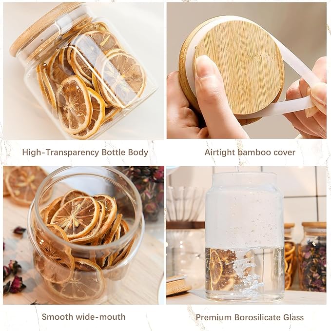 Custde 17 floz Small Glass Storage Containers with Lids,Candy Jar with Lid, Glass Food Storage Containers for Kitchen Counter, Pantry, Decorative Jar for Coffee, Sugar,Tea, Cute Jar(Bamboo 17 FL OZ)
